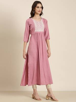 women's calf length round neck pink woven design anarkali kurta 4