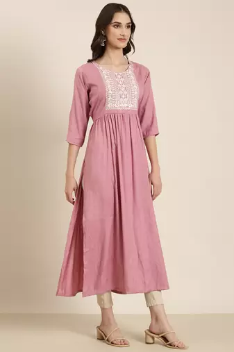 women's calf length round neck pink woven design anarkali kurta