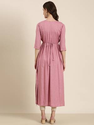 women's calf length round neck pink woven design anarkali kurta 5