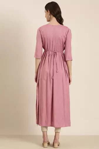 women's calf length round neck pink woven design anarkali kurta