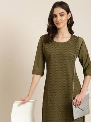 women's calf length round neck olive embellished straight kurta 1