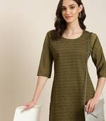 women's calf length round neck olive embellished straight kurta