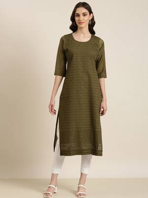 women's calf length round neck olive embellished straight kurta 2