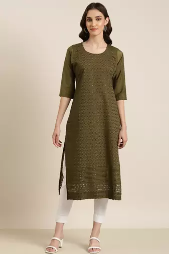 women's calf length round neck olive embellished straight kurta