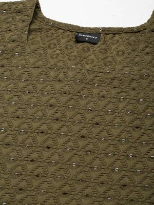 women's calf length round neck olive embellished straight kurta 3