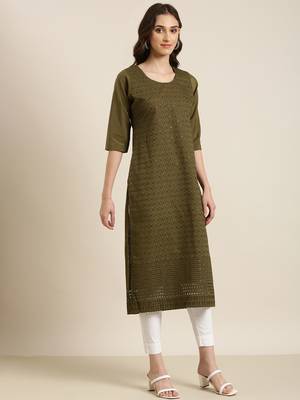 women's calf length round neck olive embellished straight kurta 4