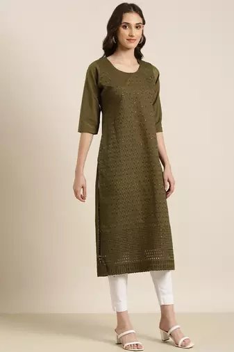 women's calf length round neck olive embellished straight kurta