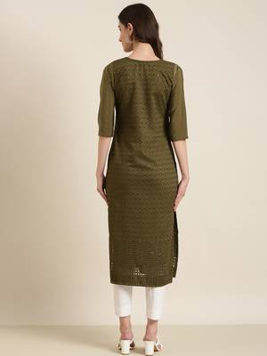 women's calf length round neck olive embellished straight kurta 5
