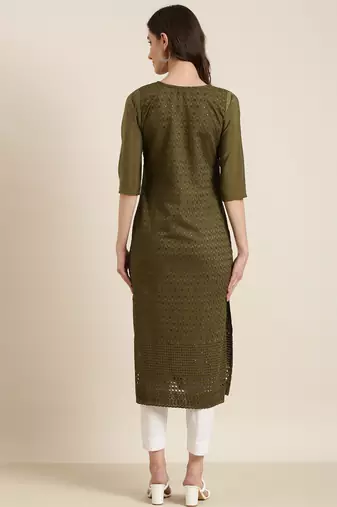 women's calf length round neck olive embellished straight kurta