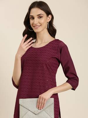 women's calf length round neck purple embellished straight kurta 1