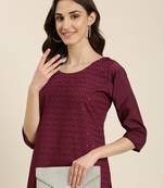 women's calf length round neck purple embellished straight kurta