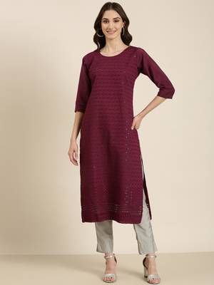 women's calf length round neck purple embellished straight kurta 2