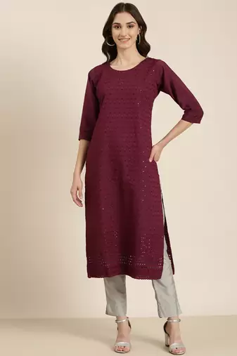 women's calf length round neck purple embellished straight kurta