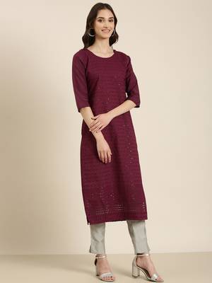 women's calf length round neck purple embellished straight kurta 4