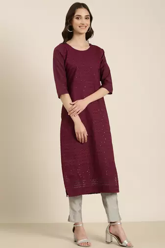 women's calf length round neck purple embellished straight kurta