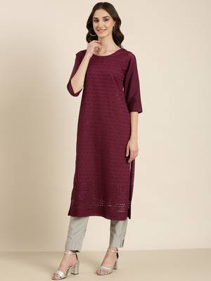 women's calf length round neck purple embellished straight kurta 5