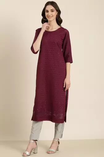women's calf length round neck purple embellished straight kurta