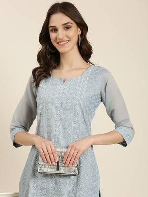 women's calf length round neck blue embellished straight kurta 1
