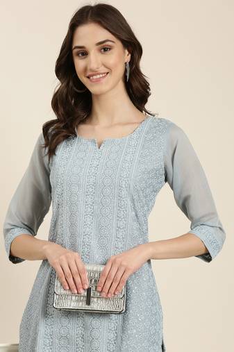 women's calf length round neck blue embellished straight kurta