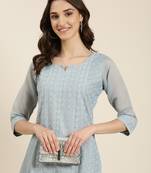 women's calf length round neck blue embellished straight kurta