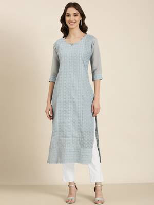 women's calf length round neck blue embellished straight kurta 2
