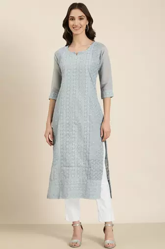 women's calf length round neck blue embellished straight kurta