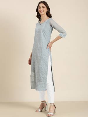 women's calf length round neck blue embellished straight kurta 5