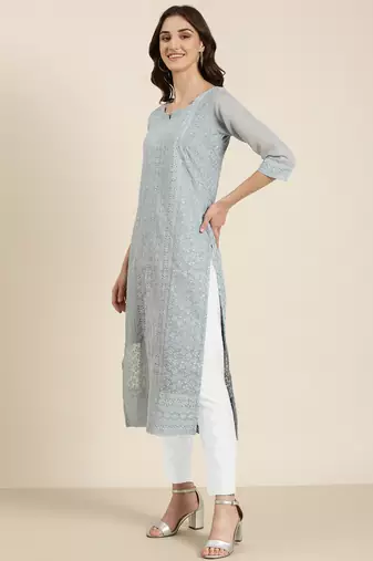 women's calf length round neck blue embellished straight kurta