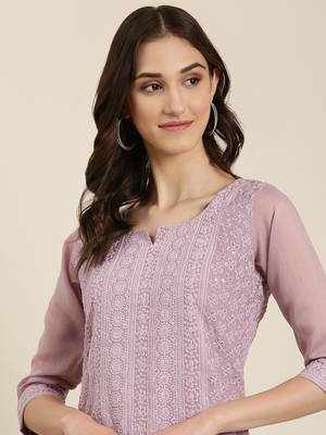 women's calf length round neck lavender embellished straight kurta 1