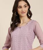 women's calf length round neck lavender embellished straight kurta