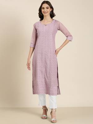 women's calf length round neck lavender embellished straight kurta 2