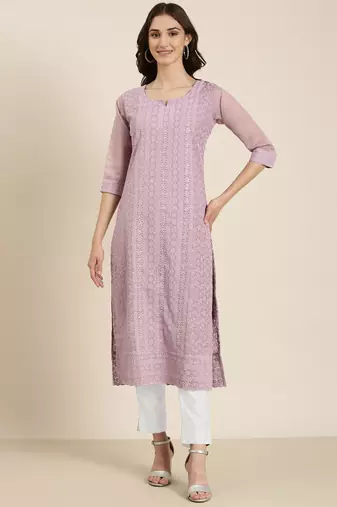 women's calf length round neck lavender embellished straight kurta