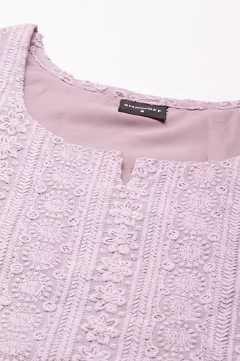women's calf length round neck lavender embellished straight kurta