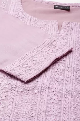 women's calf length round neck lavender embellished straight kurta