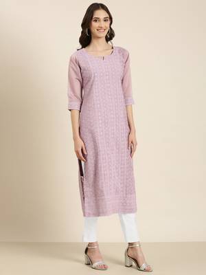 women's calf length round neck lavender embellished straight kurta 5