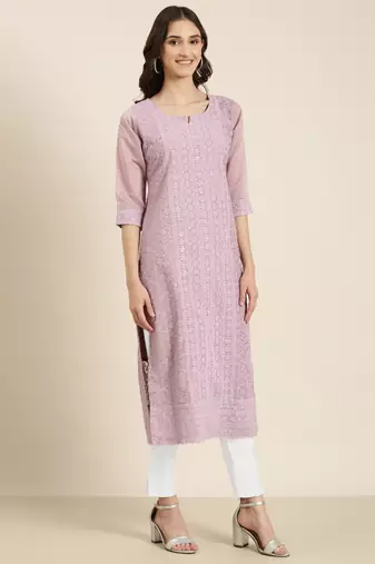 women's calf length round neck lavender embellished straight kurta