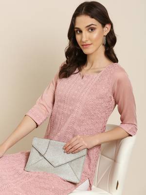 women's calf length round neck pink embellished straight kurta 1