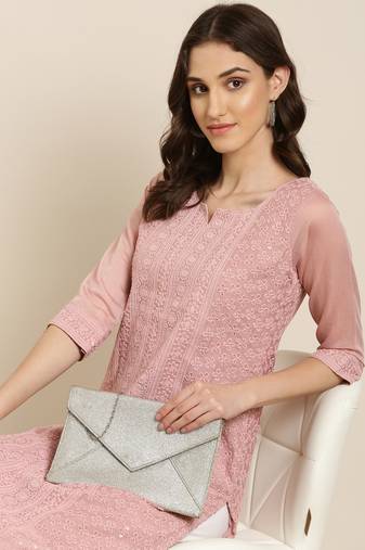 women's calf length round neck pink embellished straight kurta