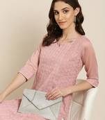 women's calf length round neck pink embellished straight kurta