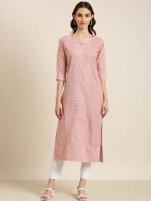 women's calf length round neck pink embellished straight kurta 2