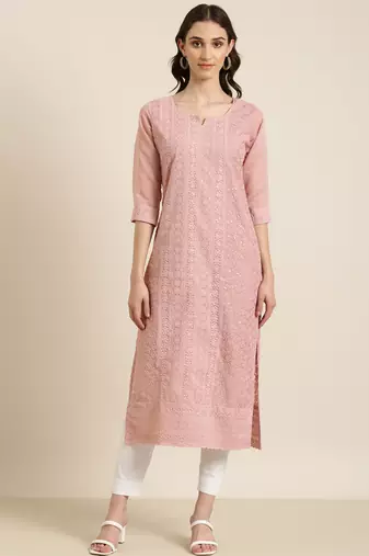 women's calf length round neck pink embellished straight kurta