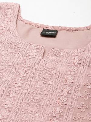 women's calf length round neck pink embellished straight kurta 3