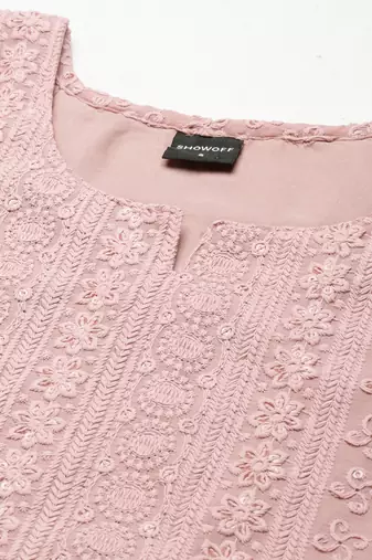 women's calf length round neck pink embellished straight kurta