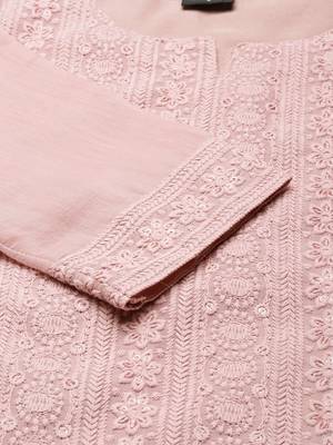 women's calf length round neck pink embellished straight kurta 4