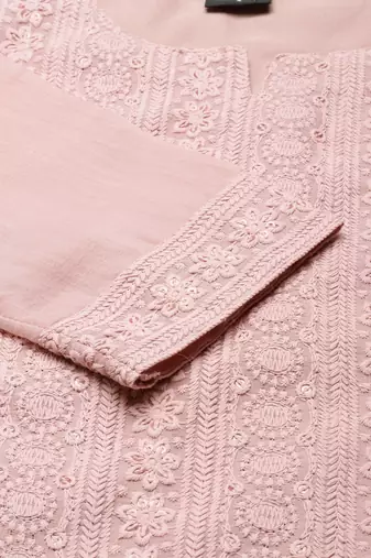 women's calf length round neck pink embellished straight kurta