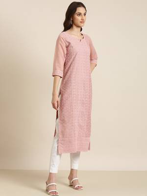 women's calf length round neck pink embellished straight kurta 5
