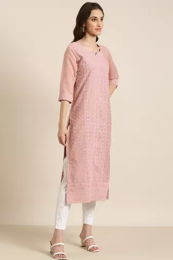 women's calf length round neck pink embellished straight kurta