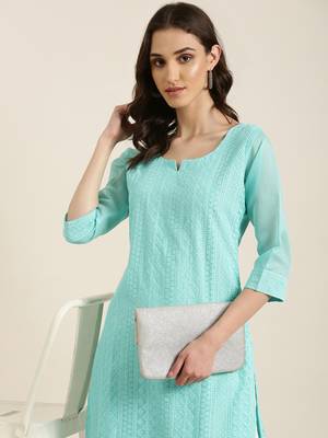women's calf length round neck turquoise blue embellished straight kurta 1