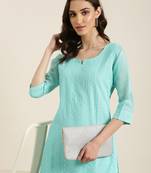 women's calf length round neck turquoise blue embellished straight kurta