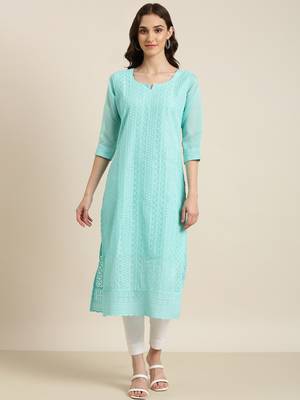 women's calf length round neck turquoise blue embellished straight kurta 2